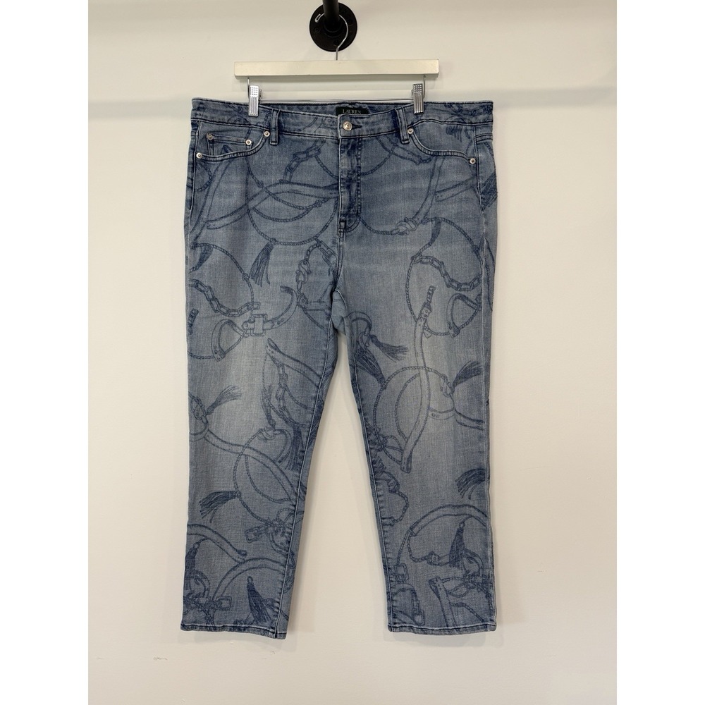Lauren Ralph Lauren Equestrian Print Blue Jeans Scarf Chain Cropped Denim 20w